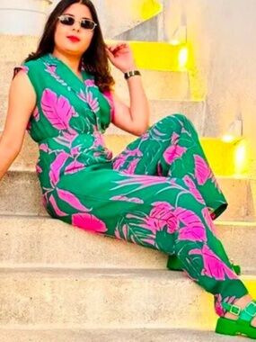 Mango Pink and Green Palm Print Belted Wide Leg Jumpsuit